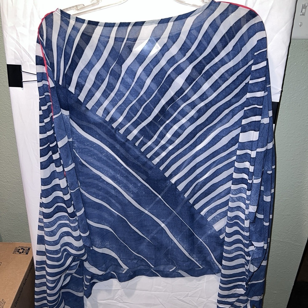 Chico's Poncho Blouse L/XL Coverup Summer Beach Resortwear Vacation Blue w/ Red